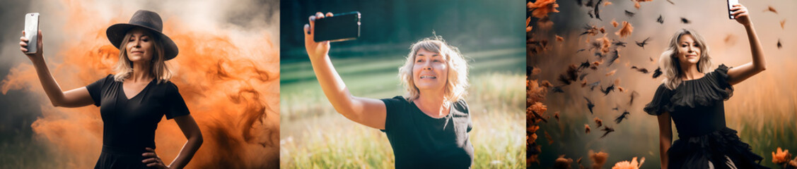 generative ai examples. a woman is taking a selfie.. photo image before and after artificial intelli