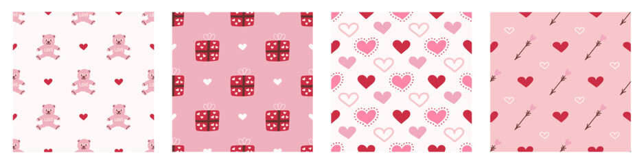 Wall Mural - set of seamless patterns for valentine s day. romantic vector backgrounds. ornament for postcards, w