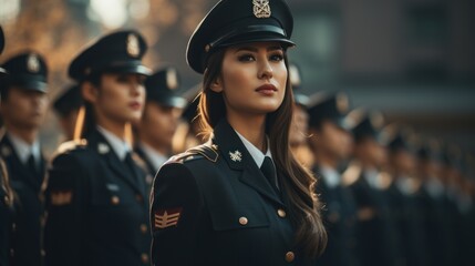 Wall Mural - Group of Asian women in military or police uniforms standing at army ceremony