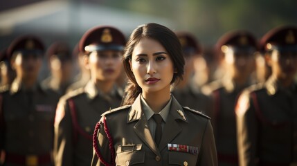 Wall Mural - Group of Asian women in military or police uniforms standing at army ceremony