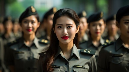 Wall Mural - Group of Asian women in military or police uniforms standing at army ceremony