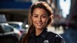 ispanic woman working as police officer or cop, closeup portrait, blurred city