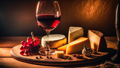 Glass of red wine and a cheese board close-up