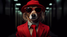 A Dog Wearing A Red Suit And Hat With Sunglasses On It's Face And A Red Jacket With A Red Tie