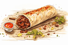 Vector Illustration Of Durum Kebab Typical Food In Morocco With White Background.Chicken Tortilla Wrap Hand-drawn. Vector Doodle Style Cartoon.generative Ai
