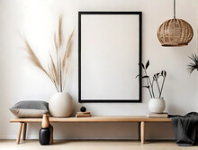 Large Black Empty Mock-up Poster Frame Positioned Vertically Over A Wooden Seat Filled With Books And Vases On A White Stucco Wall. Rattan Pendant Light In A Modern Living Room, Generative AI