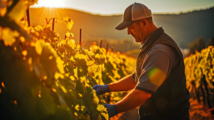 Wall Mural - A vintner or winemaker checking vine crops first thing in the morning