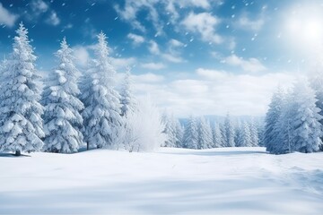 Christmas winter space of snow blurred background. Xmas tree with snow, holiday festive background. 