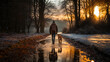 Back of man walking with his dog in a puddle at sunset in winter.
