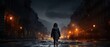 Little girl walking alone on empty street of town. AI generated image