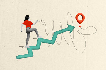 Wall Mural - Collage image of determined black white effect girl hold string connection destination location mark walk climb arrow pointer stairs upwards