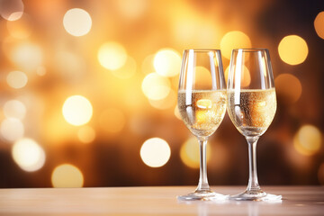 Sticker - Christmas and New Year holidays bokeh background with copy space. Toasting with champagne glasses against holiday lights. winter season