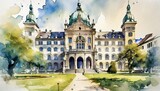 Fototapeta  - Traditional Building in Switzerland drawn in watercolors
