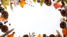 Autumn Composition Frame Made Of Autumn Leaves, Acorn, Pine Cones, Flower On White Background. Flat Lay Design, Top View