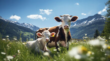 A Grazing Mother Cow With Her Calf Enjoys The Sun On An Alpine Meadow, With Picturesque Mountains Blurring Behind It.