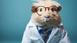 A guinea pig full body with a lab coat and scientist's glasses, isolated on blue background, Generative AI	