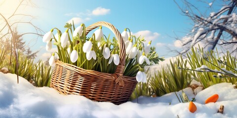 Canvas Print - Sunny Spring Delight  Snowdrops in Wicker Basket, Generative AI