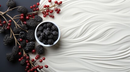 Dark and white background with round white plates and raised pattern. Decorated with blackberries, red berries and twigs with white leaves. Concept: cosmetics and care products banner with copy space