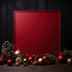 Wall Mural - Merry Christmas sign banner frame with empty space and festive decoration with with red and gold balls on red background, Xmas greeting card, Happy New Year