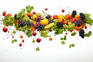 Wall Mural - fruits and vegetables fly on white background