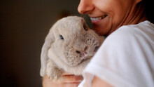 Happy Woman Holding Bunny Rabbit Indoors At Home. Pet Animals Relationship Concept
