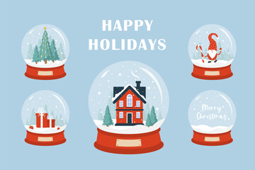 glass snow globe collection. set of christmas decorative balls with winter landscapes. holiday snowb