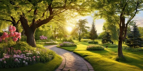 Wall Mural - Enchanting Sunlit Garden s Path  Verdant Lawn  Trees   Scenic View, Generative AI