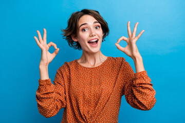 Wall Mural - Portrait of attractive promoter lady raise hands arms showing okey symbols agreement isolated blue color background