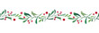 Watercolor seamless Christmas seamless border. Illustration with green branches and red berries. Horizontal border for the design of Christmas and New Year packaging. Postcard, congratulations.