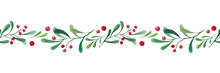 Watercolor Seamless Christmas Seamless Border. Illustration With Green Branches And Red Berries. Horizontal Border For The Design Of Christmas And New Year Packaging. Postcard, Congratulations.
