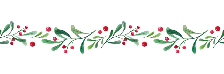 Watercolor seamless Christmas seamless border. Illustration with green branches and red berries. Horizontal border for the design of Christmas and New Year packaging. Postcard, congratulations.