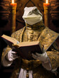 A humanoid lizard dressed as a Roman pope readings with a golden book the document	