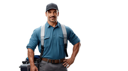 Wall Mural - Confident Male Plumber with Toolbox and Pipe Wrench, Isolated on white, Transparent background