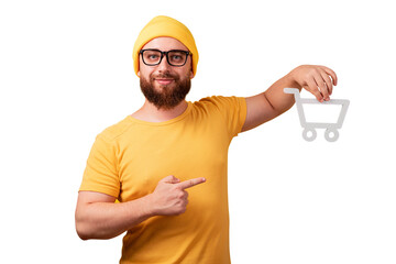 Wall Mural - man pointing at shopping trolley isolated on transparent background, buying online concept