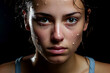 Closeup face of serious confident stare female athlete with sweat drips after workout hard on black background