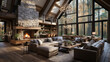 Large open concept great room with fireplace and wooden beams. Generative AI
