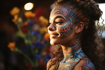 Young woman exploring identity through body painting in therapeutic art process 