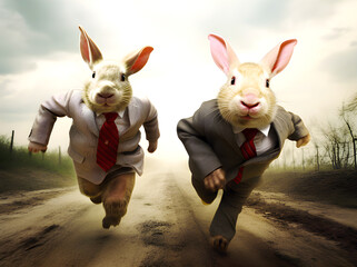 Two rabbits dressed in business suits are racing down a dirt road. They look serious and fast, like they are in a competition