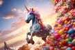 photorealistic unicorn flying over a rainbow, candy everywhere, golden hour lighting