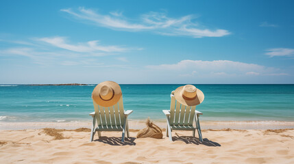 Wall Mural - Beach chairs and hat on the sandy beach. Vacation concept