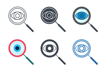 Magnifier with eye icon collection with different styles. Spy. Eye with magnifying glass icon symbol vector illustration isolated on white background