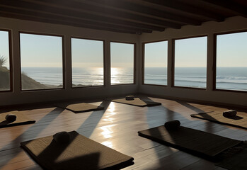 Wall Mural - Serene Sunrise Yoga: A Studio with a Spectacular Ocean View, ai generative