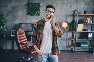 Canvas Print - Portrait of corporate agent guy speak chatting telephone spacious loft interior office workplace indoors