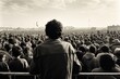 Man looking at a crowd of people, protest or rally. Generative AI