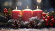  Advent Candles In Christmas Wreath On Snow.