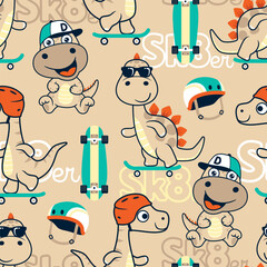 Wall Mural - Seamless pattern vector of dinosaurs skateboarding