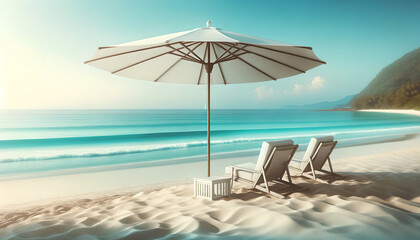  Coastal Calm Retreat: Pristine beach, serene sea, leisure chairs, soothing atmosphere, Vacation Concept Art, Generative AI