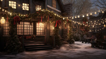 A Festive Holiday Scene With Christmas Garland Lights Shining Brightly In The Night.