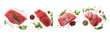 Set of Raw tuna fish fillet with herbs and spices top view isolated on transparent or white background
