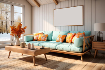 Bright colorful interior of the living room in a minimalist vintage style. A blue sofa with wooden legs and a coffee table in the room, a picture on the wall and a table lamp